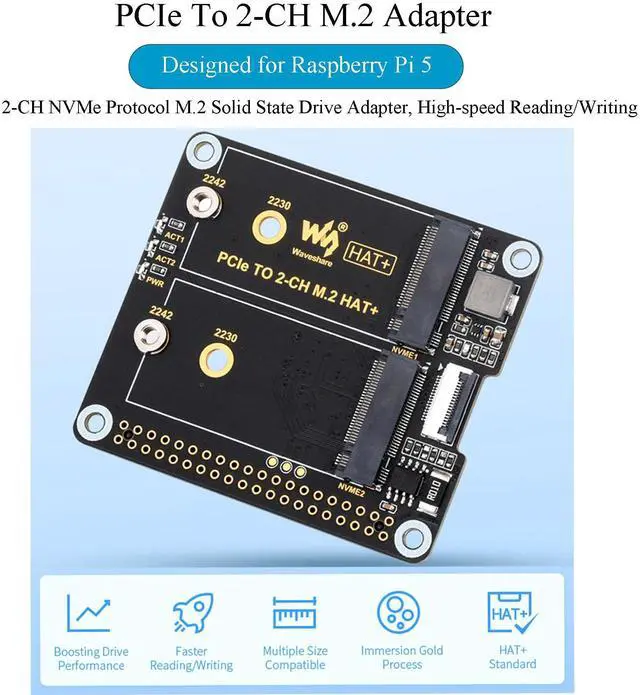Alt view image 2 of 5 - PCIe to 2-CH M.2 Adapter for Raspberry Pi 5 HAT+ Standard, Compatible with M.2 NVMe SSD 2230 2242 Solid State Drive, RPi 5 M.2 HAT High-Speed Reading/Writing