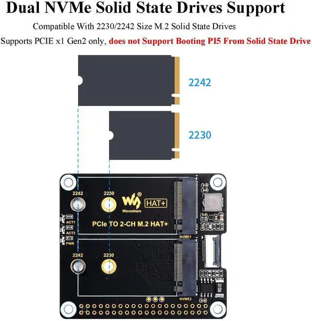 Alt view image 3 of 5 - PCIe to 2-CH M.2 Adapter for Raspberry Pi 5 HAT+ Standard, Compatible with M.2 NVMe SSD 2230 2242 Solid State Drive, RPi 5 M.2 HAT High-Speed Reading/Writing