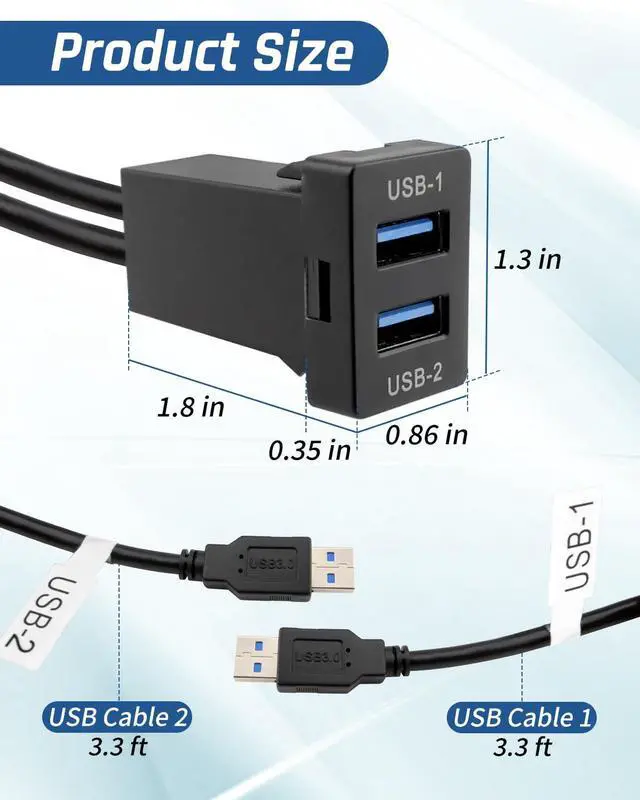 Alt view image 3 of 5 - Wujexuhe Dual USB 3.0 Car Dash Flush Mount Extension Cable, Length 3.3FT (1M) Fit for Toyota, Size 1.3"x0.86"x 2.15" (Type A)