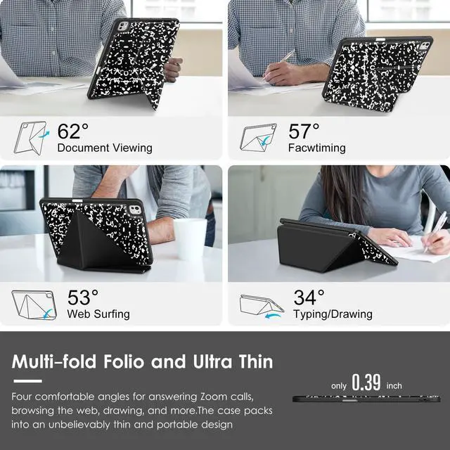 Alt view image 3 of 5 - VIKESI for iPad Pro 13 Inch M4 Case 2024, Origami Case with Multi fold, Multi Angle Stand, Apple Pencil Holder, Support Auto Wake/Sleep-Black Book