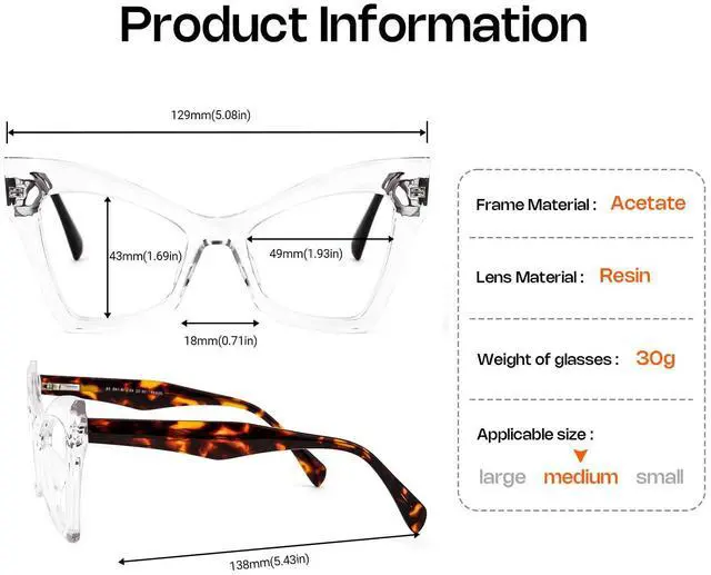 Alt view image 5 of 5 - VOOGLAM Cat Eye Spring Hinge Women's Non-Prescription Glasses with HD Clear Lenses in Clear Crystal Acetate Frame
