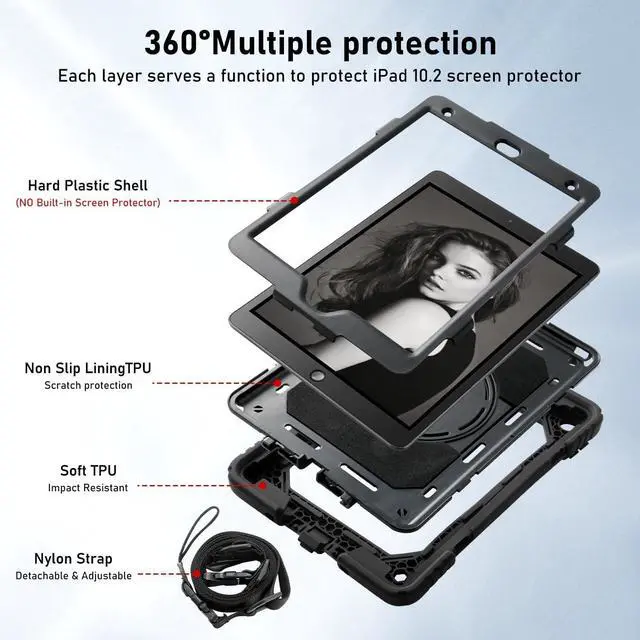 Alt view image 3 of 5 - Vteutu Case for iPad 9th/8th/7th Gen Case 10.2" - Shockproof, 360deg Rotating Stand, Hand & Shoulder Strap, Pencil Holder (Black)