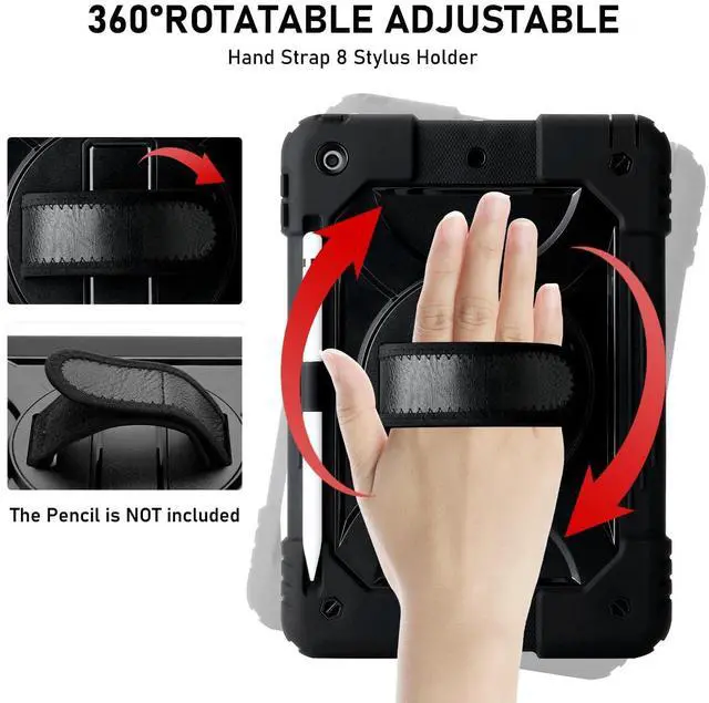 Alt view image 5 of 5 - Vteutu Case for iPad 9th/8th/7th Gen Case 10.2" - Shockproof, 360deg Rotating Stand, Hand & Shoulder Strap, Pencil Holder (Black)