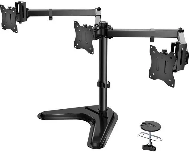 Main image of WALI Free Standing Triple Monitor Mount, Heavy Duty Triple Monitors Stand for 13-27 inch Screens, Adjustable 3 Monitor Arm Desk Mount with Swivel, Tilt, Rotation, Grommet Base (MF003N), Black