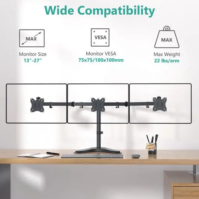 Alt view image 2 of 5 - WALI Free Standing Triple Monitor Mount, Heavy Duty Triple Monitors Stand for 13-27 inch Screens, Adjustable 3 Monitor Arm Desk Mount with Swivel, Tilt, Rotation, Grommet Base (MF003N), Black