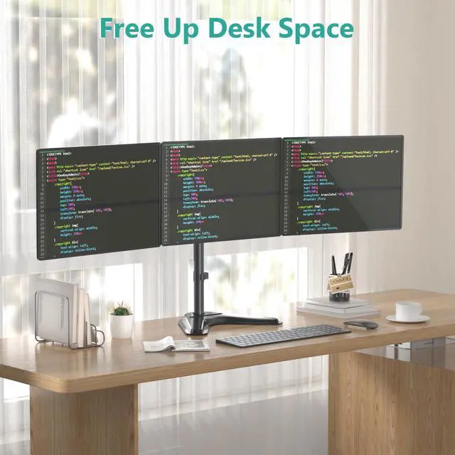 Alt view image 3 of 5 - WALI Free Standing Triple Monitor Mount, Heavy Duty Triple Monitors Stand for 13-27 inch Screens, Adjustable 3 Monitor Arm Desk Mount with Swivel, Tilt, Rotation, Grommet Base (MF003N), Black