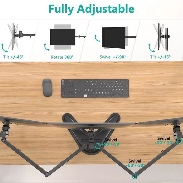 Alt view image 5 of 5 - WALI Free Standing Triple Monitor Mount, Heavy Duty Triple Monitors Stand for 13-27 inch Screens, Adjustable 3 Monitor Arm Desk Mount with Swivel, Tilt, Rotation, Grommet Base (MF003N), Black