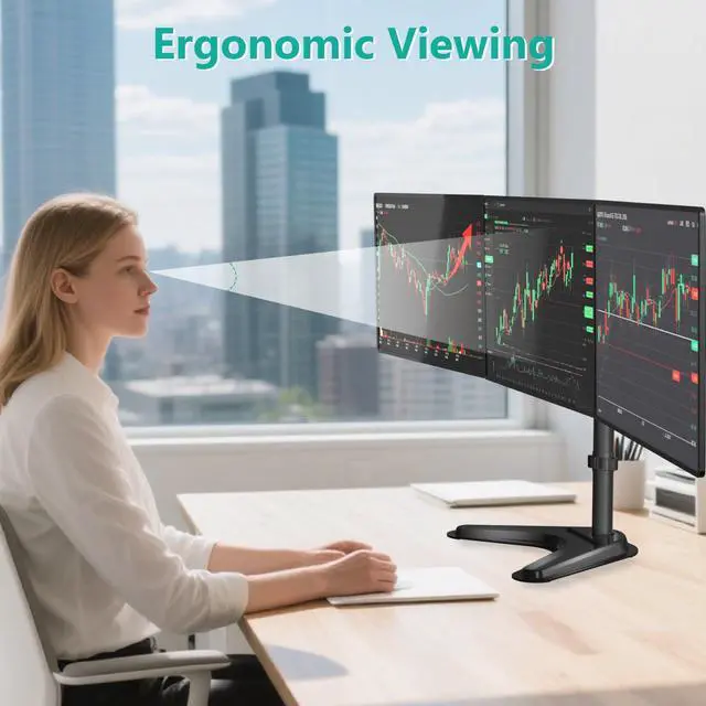 Alt view image 4 of 5 - WALI Free Standing Triple Monitor Mount, Heavy Duty Triple Monitors Stand for 13-27 inch Screens, Adjustable 3 Monitor Arm Desk Mount with Swivel, Tilt, Rotation, Grommet Base (MF003N), Black