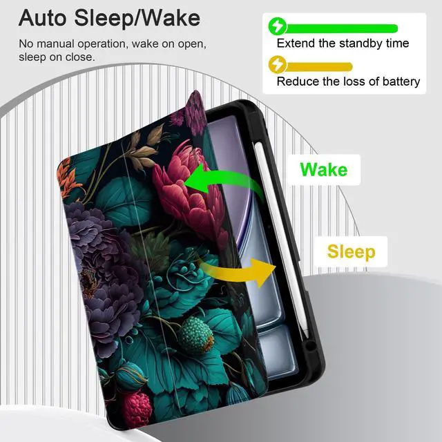 Alt view image 4 of 5 - Yebiseven for iPad Air 13 M3/M2 Case 2025 2024 Released A3268/A3269/A3271/A2898/A2899/A2900, Shockproof Tablet Case with Trifold Stand & Pencil Holder & Auto Sleep/Wake, Vibrant Flower