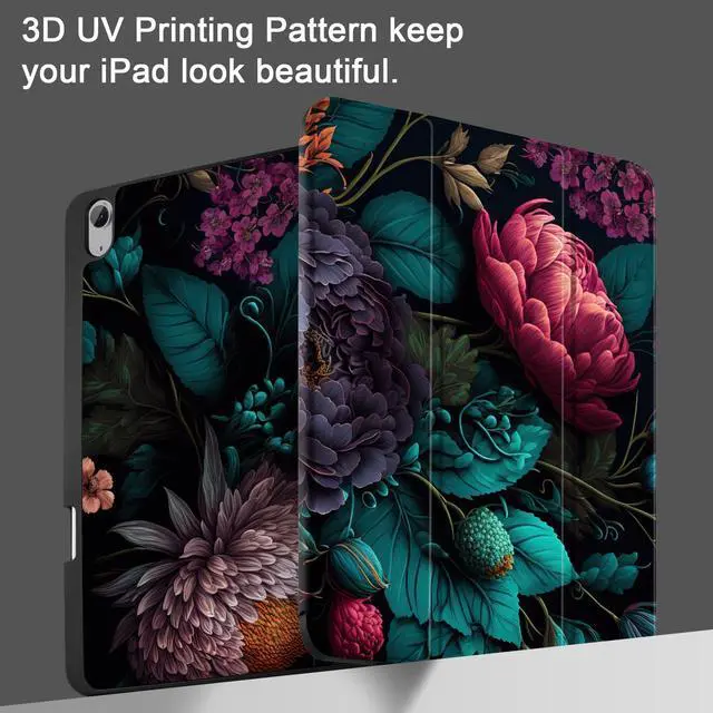 Alt view image 3 of 5 - Yebiseven for iPad Air 13 M3/M2 Case 2025 2024 Released A3268/A3269/A3271/A2898/A2899/A2900, Shockproof Tablet Case with Trifold Stand & Pencil Holder & Auto Sleep/Wake, Vibrant Flower