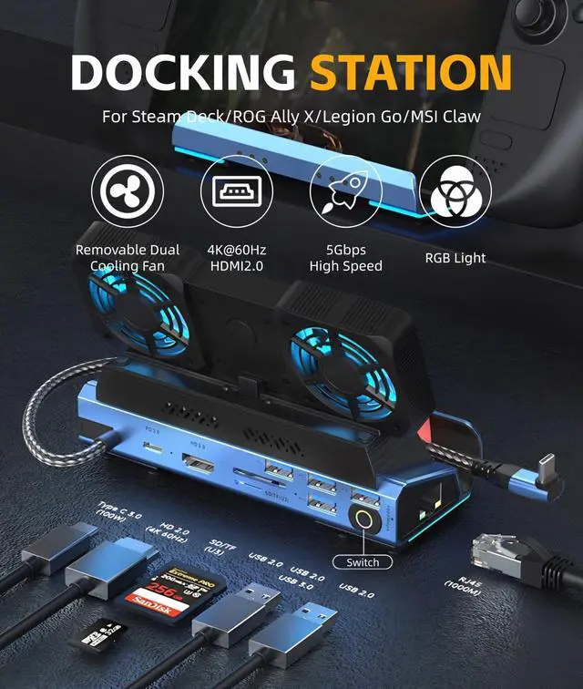 Alt view image 2 of 5 - for Legion Go ROG Ally Steam Deck Dock 10 in 1 USB C Docking Station, Detachable Dual Cooling Fan, 4K 60Hz HDMI, Gigabit Ethernet, 4 USB 3.0, PD100W, M.2 NVMe, SD TF