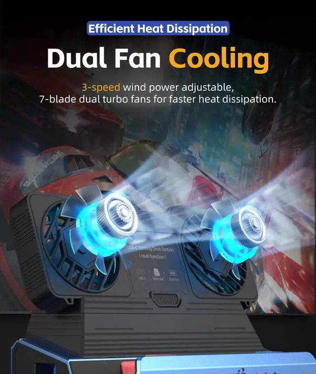 Alt view image 3 of 5 - for Legion Go ROG Ally Steam Deck Dock 10 in 1 USB C Docking Station, Detachable Dual Cooling Fan, 4K 60Hz HDMI, Gigabit Ethernet, 4 USB 3.0, PD100W, M.2 NVMe, SD TF