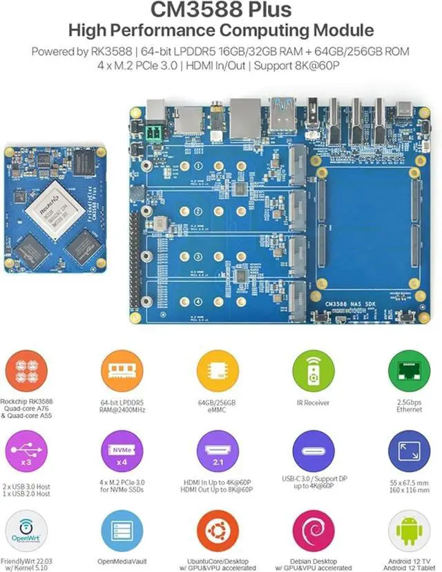 Alt view image 2 of 5 - youyeetoo CM3588 Plus NAS Kit Up to 32GB RAM, 2.5GbE, 4xM.2 2280 PCle 3.0 for Network Attached Storage Home Cloud - RK3588 ARM OMV (32G+64G,with NAS Carrier Board)
