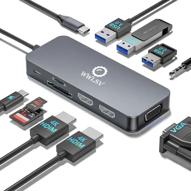 Main image of USB C Hub, 10-in-1 Docking Station Dual Monitor with 4K HDMI, VGA, Fast Charging Port, USB 3.0 & 2 USB 2.0 Ports, SD/TF Card Reader, 3.5mm AUX, USB C Dongle for MacBook, Dell, Lenovo, HP Laptops