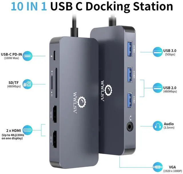 Alt view image 2 of 5 - USB C Hub, 10-in-1 Docking Station Dual Monitor with 4K HDMI, VGA, Fast Charging Port, USB 3.0 & 2 USB 2.0 Ports, SD/TF Card Reader, 3.5mm AUX, USB C Dongle for MacBook, Dell, Lenovo, HP Laptops