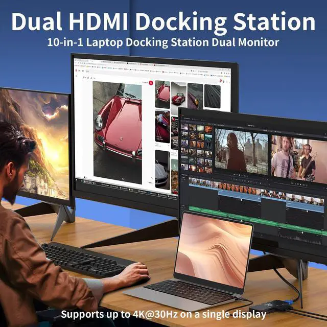 Alt view image 3 of 5 - USB C Hub, 10-in-1 Docking Station Dual Monitor with 4K HDMI, VGA, Fast Charging Port, USB 3.0 & 2 USB 2.0 Ports, SD/TF Card Reader, 3.5mm AUX, USB C Dongle for MacBook, Dell, Lenovo, HP Laptops