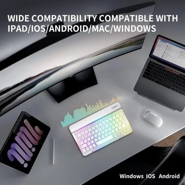 Alt view image 4 of 5 - Bluetooth Keyboard & Mouse Combo for iPad - Rechargeable RGB Wireless Set with 7-Color Backlit, Compatible with iPad 10th/9th/8th Gen, iPad Pro/Air/Mini (White).