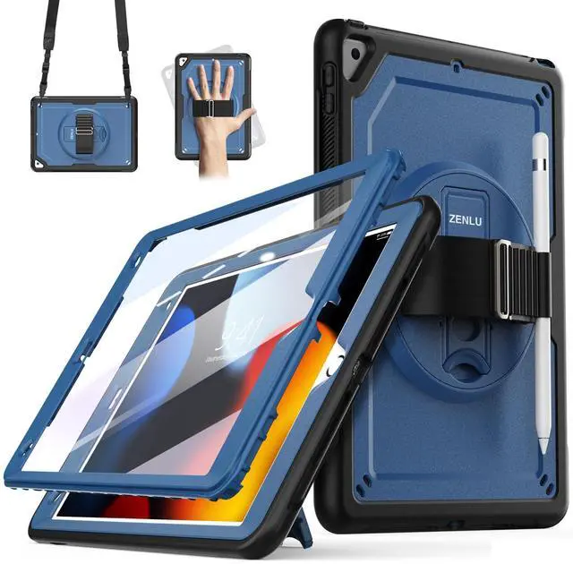 Main image of iPad 9th Generation Case Lightweight Rotating Shockproof with Screen Protector/Straps/Stand/Handle, Rugged Protective Case for 10.2 iPad 7/8/9 Gen, Pro 10.5", Air 3 Gen - Tibetan Blue