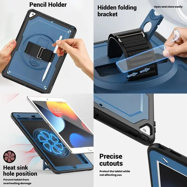Alt view image 3 of 5 - iPad 9th Generation Case Lightweight Rotating Shockproof with Screen Protector/Straps/Stand/Handle, Rugged Protective Case for 10.2 iPad 7/8/9 Gen, Pro 10.5", Air 3 Gen - Tibetan Blue