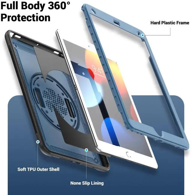 Alt view image 4 of 5 - iPad 9th Generation Case Lightweight Rotating Shockproof with Screen Protector/Straps/Stand/Handle, Rugged Protective Case for 10.2 iPad 7/8/9 Gen, Pro 10.5", Air 3 Gen - Tibetan Blue