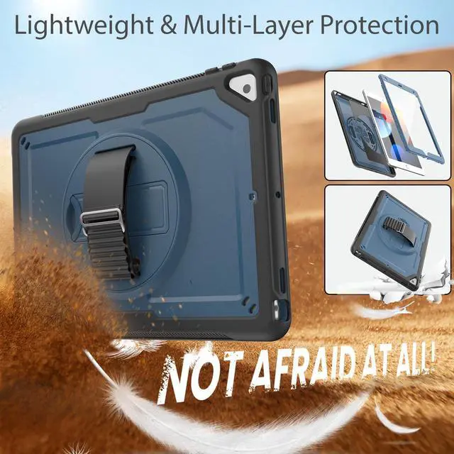 Alt view image 5 of 5 - iPad 9th Generation Case Lightweight Rotating Shockproof with Screen Protector/Straps/Stand/Handle, Rugged Protective Case for 10.2 iPad 7/8/9 Gen, Pro 10.5", Air 3 Gen - Tibetan Blue