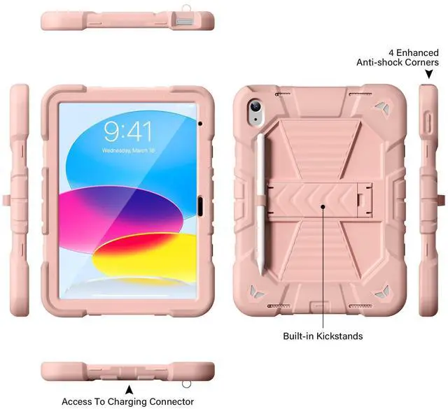 Alt view image 3 of 5 - ZKTUYU Case for iPad (A16) 11th/10th Generation 11''/10.9'' 2025/2022, Fully-Body Drop Protection Case with Stand, Built-in Pencil Holder (Rose Gold)