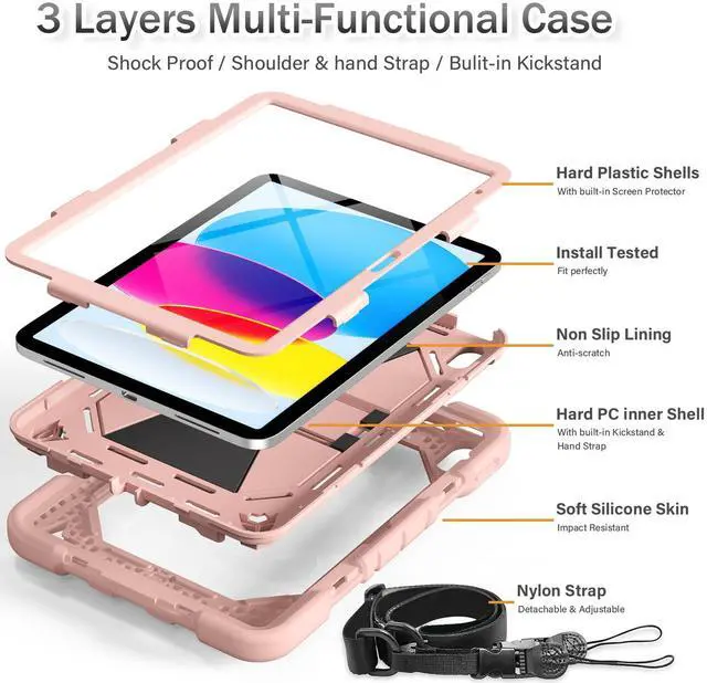 Alt view image 4 of 5 - ZKTUYU Case for iPad (A16) 11th/10th Generation 11''/10.9'' 2025/2022, Fully-Body Drop Protection Case with Stand, Built-in Pencil Holder (Rose Gold)