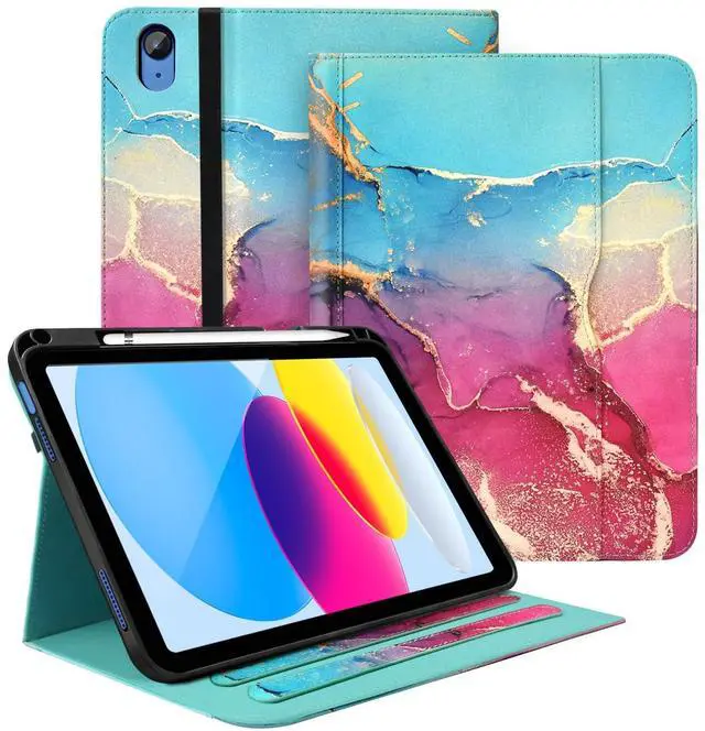 Main image of Zonefoker Case for iPad 11 inch (A16) 2025, for 10th Generation 10.9'' 2022, Leather iPad 11th/10 th Gen Protective Cover with Stand, Auto Sleep/Wake, Pencil Holder, Pocket Desige, Marble Teal Red