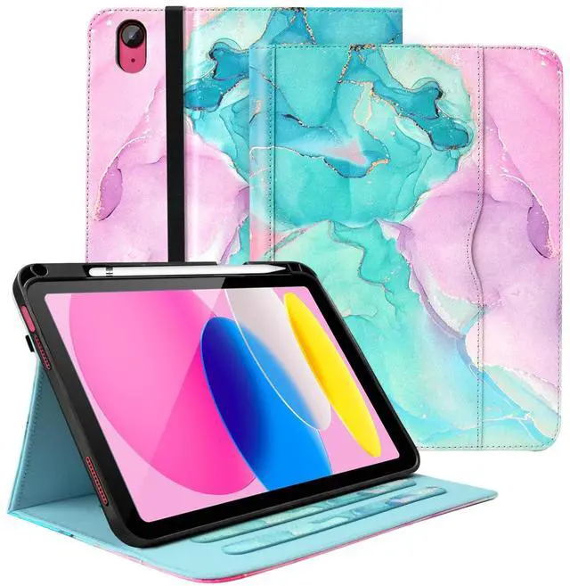 Main image of Zonefoker Case for iPad 11 inch (A16) 2025, for 10th Generation 10.9'' 2022, Leather iPad 11th/10 th Gen Protective Cover with Stand, Auto Sleep/Wake, Pencil Holder, Pocket Desige, Marble Teal Pink