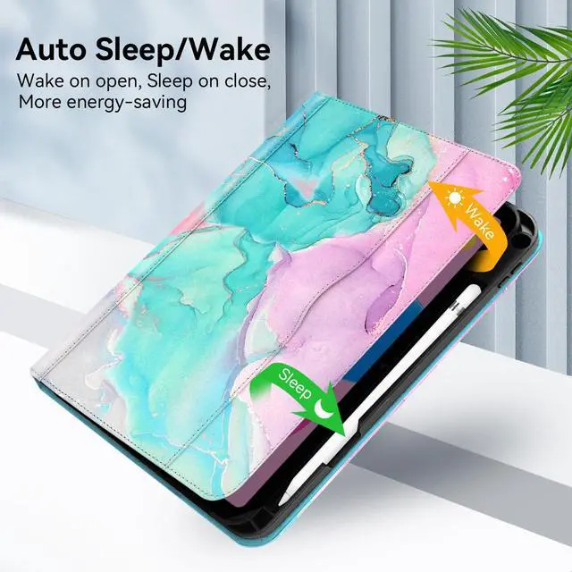 Alt view image 4 of 5 - Zonefoker Case for iPad 11 inch (A16) 2025, for 10th Generation 10.9'' 2022, Leather iPad 11th/10 th Gen Protective Cover with Stand, Auto Sleep/Wake, Pencil Holder, Pocket Desige, Marble Teal Pink
