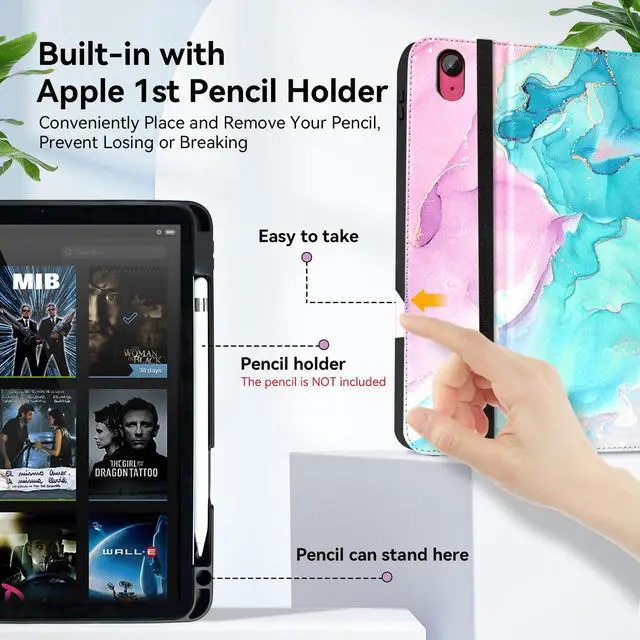 Alt view image 5 of 5 - Zonefoker Case for iPad 11 inch (A16) 2025, for 10th Generation 10.9'' 2022, Leather iPad 11th/10 th Gen Protective Cover with Stand, Auto Sleep/Wake, Pencil Holder, Pocket Desige, Marble Teal Pink