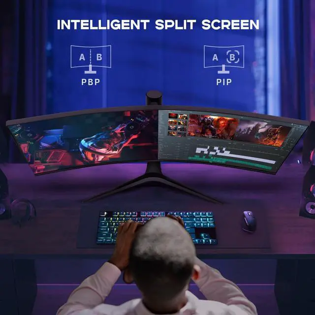 Alt view image 5 of 5 - 34 Inch Curved Monitor with Speaker, 180Hz UWQHD 3440x1440 Ultrawide Curved Gaming Monitor Split Screen, 4000:1 Contrast, sRGB 126%, FreeSync & G-SYNC, HDMI, DisplayPort, VESA, Height/Tilt/Swivel