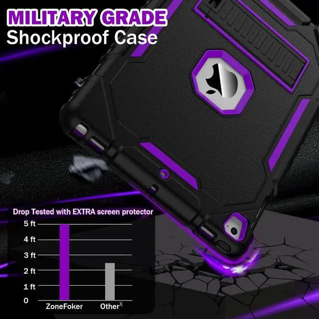Alt view image 3 of 5 - ZoneFoker 9.7" Case for iPad 6th/5th Generation 2018/2017, for iPad Air 2 / Air 1st / Pro 9.7, Heavy Duty Shockproof Protective 9.7 Inch Cover with Built-in Stand for i Pad 6 5 Gen(Black+Purple)