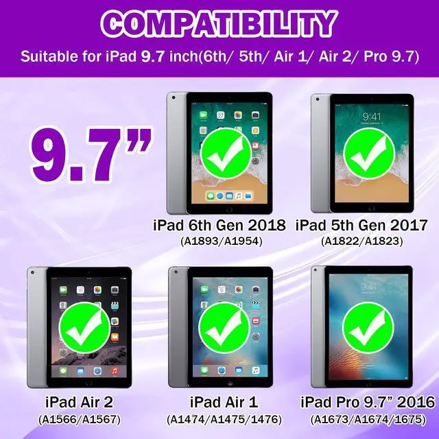 Alt view image 2 of 5 - ZoneFoker 9.7" Case for iPad 6th/5th Generation 2018/2017, for iPad Air 2 / Air 1st / Pro 9.7, Heavy Duty Shockproof Protective 9.7 Inch Cover with Built-in Stand for i Pad 6 5 Gen(Black+Purple)