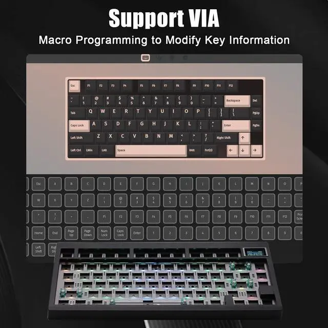 Alt view image 5 of 5 - ZMX GMK81 75% Keyboard Kit,Hot Swap Bluetooth/2.4G Wireless/Type-C Tri-Mode RGB Mechanical Keyboard with TFT-LCD Screen PCB Gasket VIA Programmable Customized Barebones TKL Gaming DIY Kit (Black)