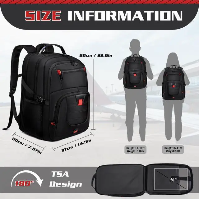 Alt view image 2 of 5 - ZMMMA Extra Large 55L Travel Backpack, 18 inch Laptop Bag for Men, TSA Approved Heavy Duty with USB Charging Port, Anti Theft Rucksack for Business Work College, Black