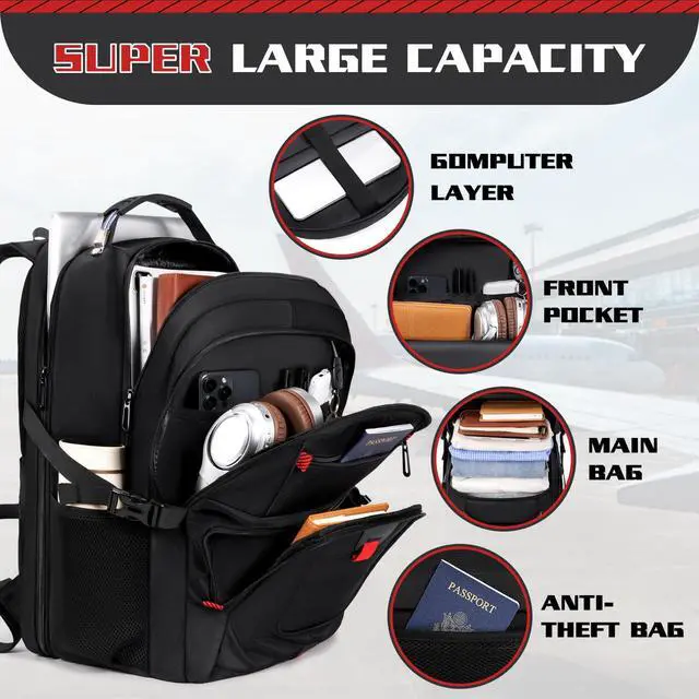 Alt view image 3 of 5 - ZMMMA Extra Large 55L Travel Backpack, 18 inch Laptop Bag for Men, TSA Approved Heavy Duty with USB Charging Port, Anti Theft Rucksack for Business Work College, Black