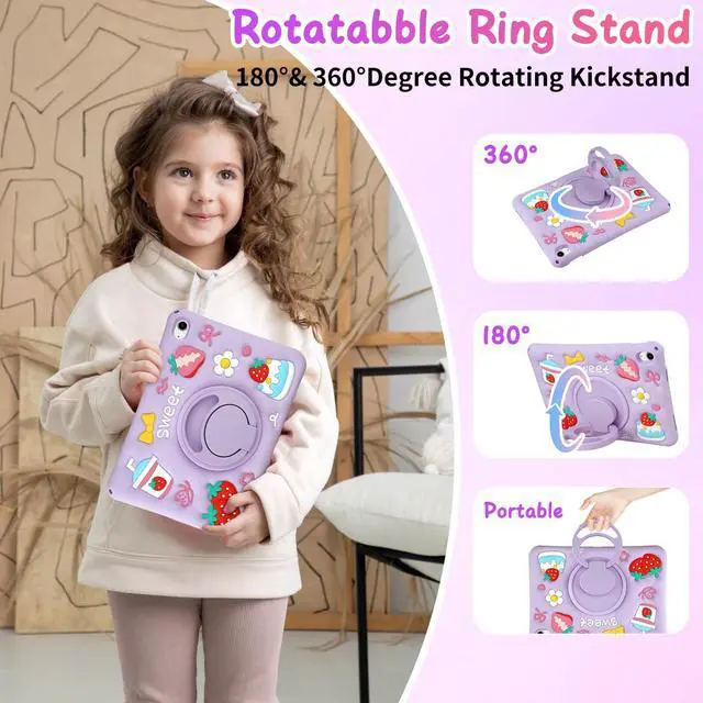 Alt view image 3 of 5 - YEBOLU for iPad 10th Generation Case Kids Girls 10.9 Inch Case for iPad (A16) 11th Generation 11 Inch 2025, Strawberry Soft Silicone Cute Tablet Protection Cover with Strap & Rotating Stand, Purple