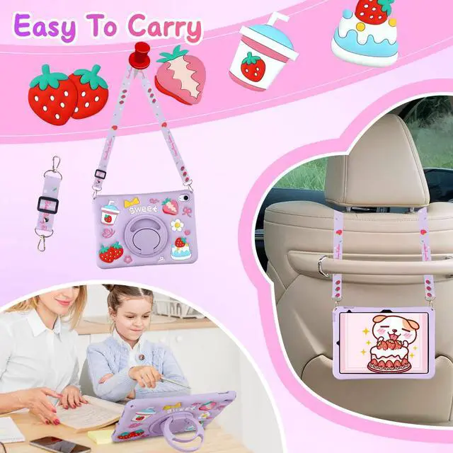 Alt view image 5 of 5 - YEBOLU for iPad 10th Generation Case Kids Girls 10.9 Inch Case for iPad (A16) 11th Generation 11 Inch 2025, Strawberry Soft Silicone Cute Tablet Protection Cover with Strap & Rotating Stand, Purple