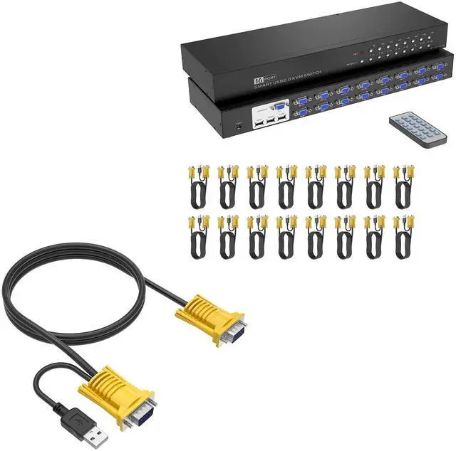 Main image of Yinker 16 Port Rack Mount KVM VGA + 2 Pack 10ft VGA KVM Cable