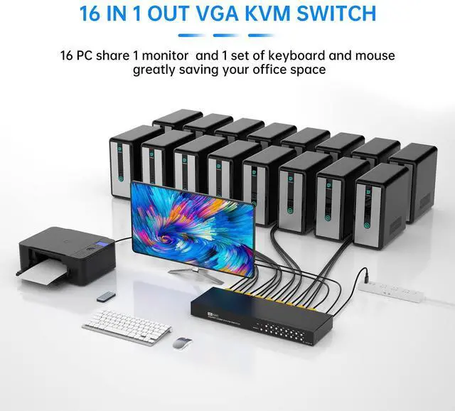 Alt view image 2 of 5 - Yinker 16 Port Rack Mount KVM VGA + 2 Pack 10ft VGA KVM Cable