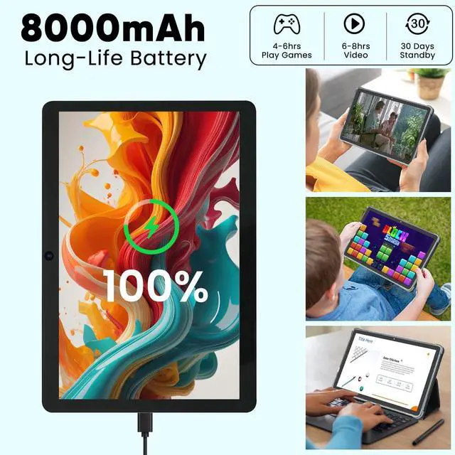 Alt view image 5 of 5 - Android Tablet 11 inch 14(6+8)GB RAM 128GB ROM Octa-Core Processor, Large Screen Android 14 Tablets with Case Wi-Fi 6, 2MP+8MP Camera, 8000mAh Battery, Computer Tablet PC for Streaming Reading Gaming