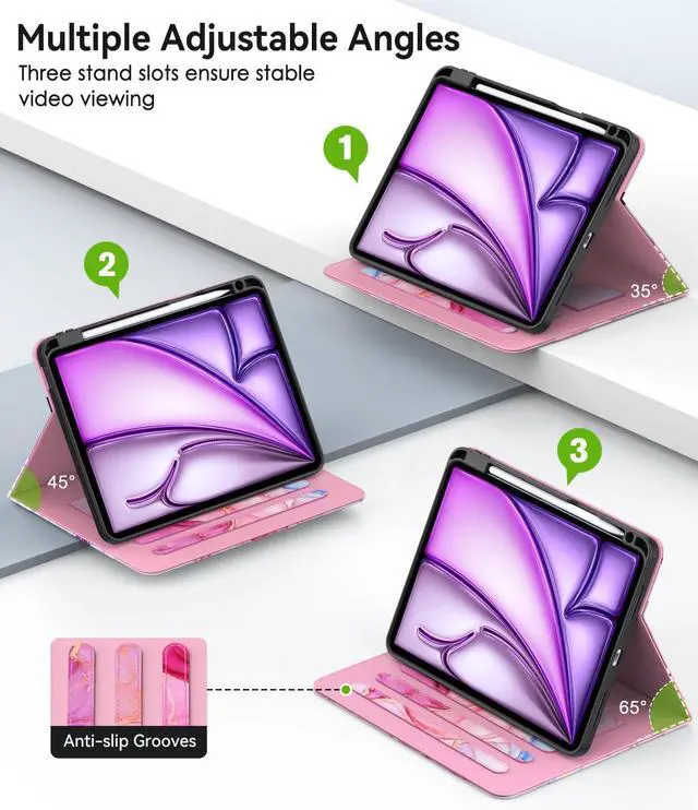 Alt view image 3 of 5 - ZoneFoker iPad Case for iPad Air 5th/4th Gen & iPad Pro 11 inch, Marble Pink Folio Cover with Pencil Holder, Multi-Angle Viewing Stand, Auto Wake/Sleep