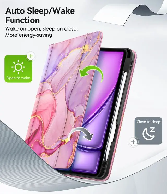 Alt view image 5 of 5 - ZoneFoker iPad Case for iPad Air 5th/4th Gen & iPad Pro 11 inch, Marble Pink Folio Cover with Pencil Holder, Multi-Angle Viewing Stand, Auto Wake/Sleep