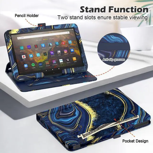 Alt view image 3 of 5 - ZoneFoker Tablet Case for All New 10 & 10 Plus, 360 Degree Rotating Stand Cover with Auto Sleep/Wake & Pencil Holder, Marble Ocean Blue