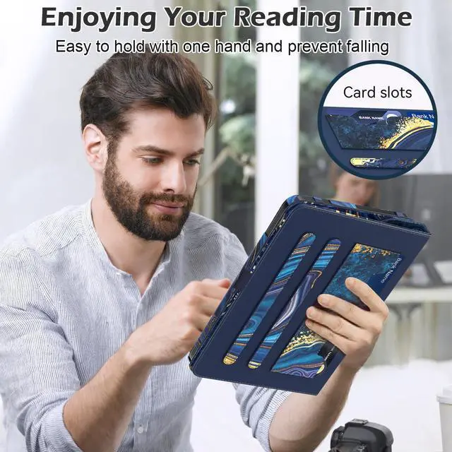 Alt view image 4 of 5 - ZoneFoker Tablet Case for All New 10 & 10 Plus, 360 Degree Rotating Stand Cover with Auto Sleep/Wake & Pencil Holder, Marble Ocean Blue