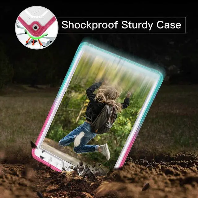 Alt view image 5 of 5 - ZoneFoker Case for iPad Air 2 Case, for iPad 6th/5th Generation 2018/2017, for Apple iPad 9.7 inch with Screen Protector/Stand,Clear Glitter Full-Body Coverage Slim Cover for Girls Women (Pink+Teal)