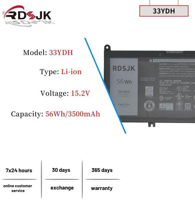 Alt view image 2 of 5 - 33YDH Laptop Battery for Dell Inspiron 15 7577 17 7773 7778 7779 7786 G3 3579 3779 G5 5587 G7 7588 Latitude 13 3380 14 3480 3490 15 3580 3590 Vostro 15 7570 7580 99NF2 PVHT1 81PF3 081PF3 451-BCDM 56Wh