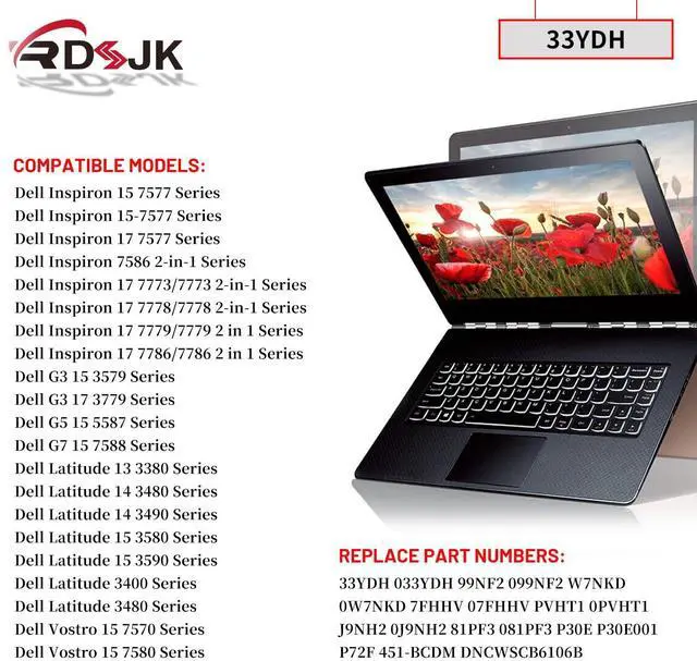 Alt view image 3 of 5 - 33YDH Laptop Battery for Dell Inspiron 15 7577 17 7773 7778 7779 7786 G3 3579 3779 G5 5587 G7 7588 Latitude 13 3380 14 3480 3490 15 3580 3590 Vostro 15 7570 7580 99NF2 PVHT1 81PF3 081PF3 451-BCDM 56Wh