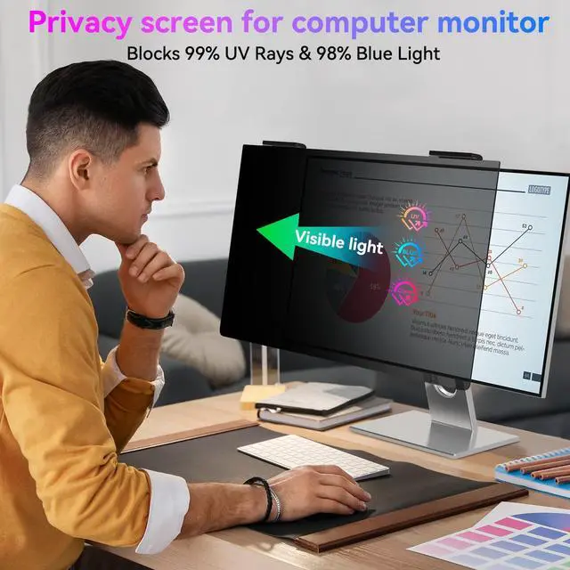 Alt view image 3 of 5 - 24 Inch Privacy Screen for Monitor - Blue Light Blocking, Eye Protection Anti-Spy Filter - Fits 16:9 Aspect Ratio, Computer Screen Privacy Filter, Removable & Anti-Scratch